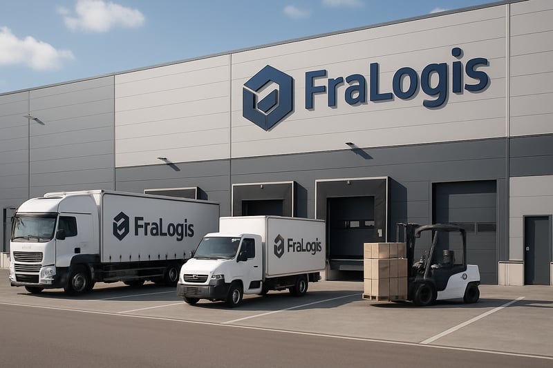 Moderne Lagerhalle von FraLogis mit Logistikfahrzeugen